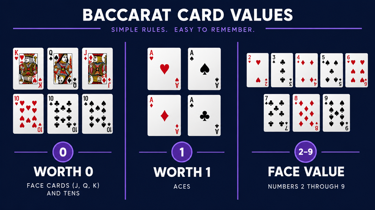 Baccarat card values chart showing face cards and tens worth zero, aces worth one, and number cards at face value