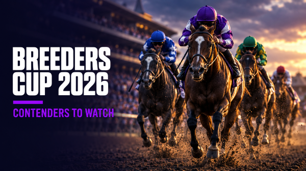 Thoroughbred racehorses charging down the Keeneland stretch with Breeders' Cup 2026 contenders typography overlay