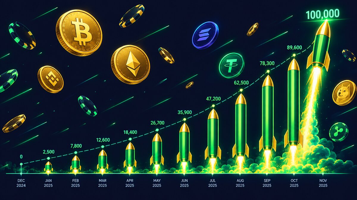 Editorial illustration of a heads-up online poker table with stacks of USDT stablecoin chips and a rising stake ladder from $300/$600 to $2,500/$5,000, showing CoinPoker's climb to the biggest public games