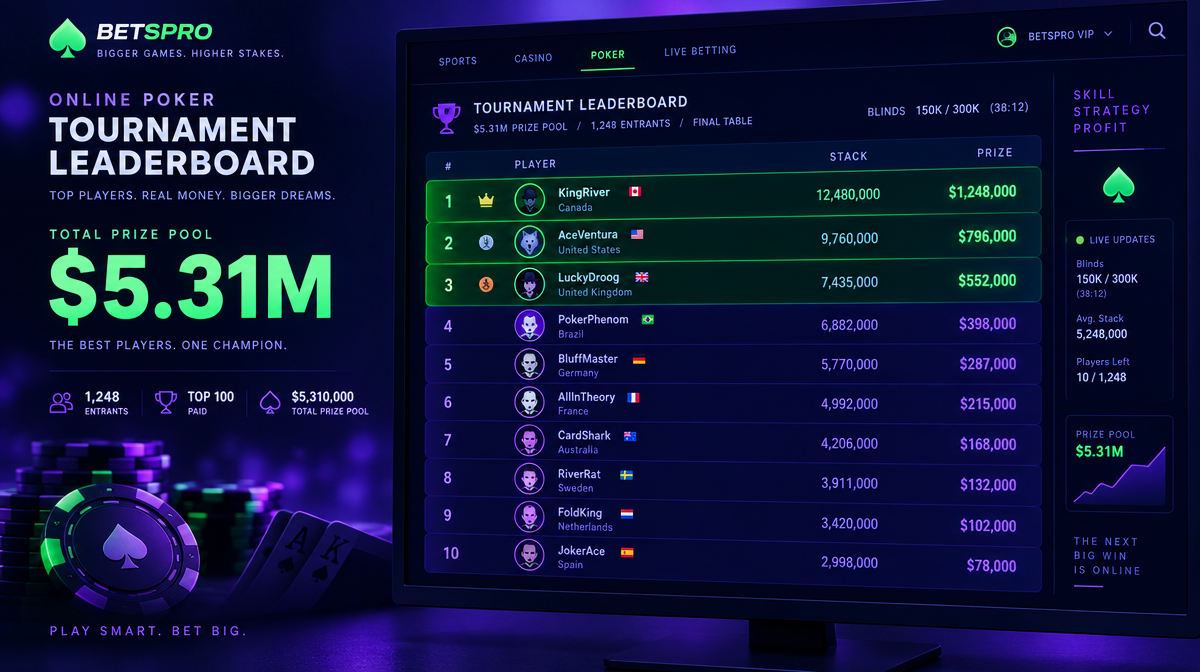 Online poker cash game leaderboard showing top winners with $5.31 million leader on WPT Global