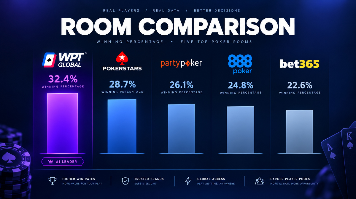 Comparison of winning player percentages across five online poker rooms — WPT Global leads at 33.7%