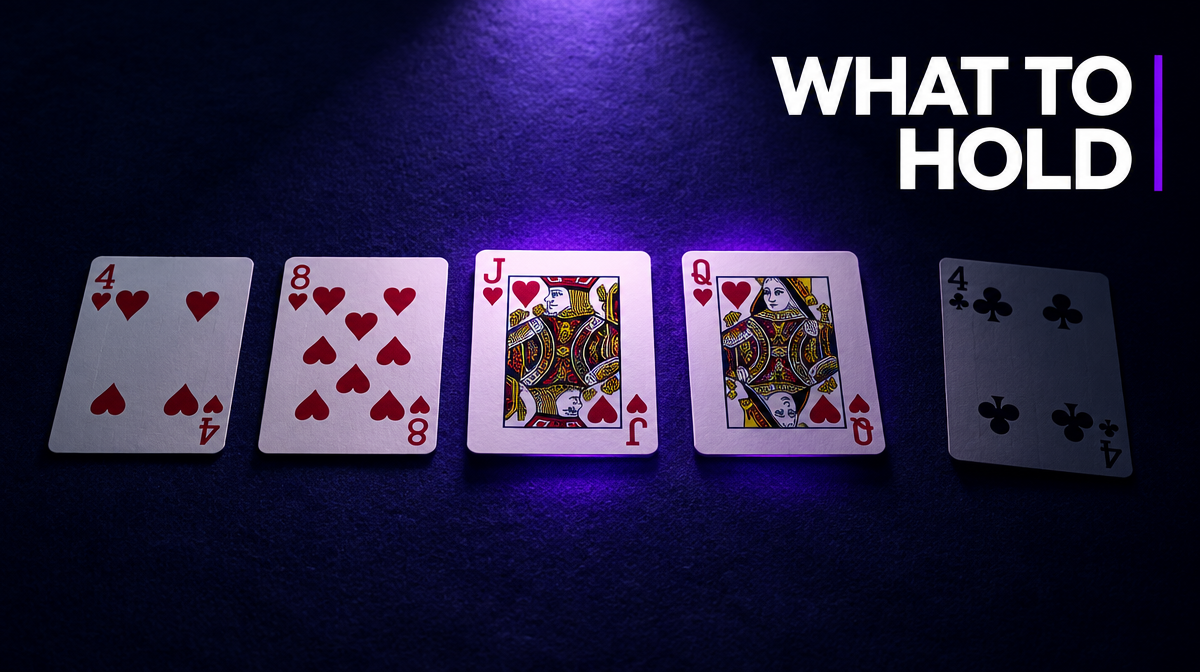 Four hearts held for a flush draw while the four of clubs is discarded, showing a Jacks or Better hold chart decision that ranks a four-card flush above a low pair