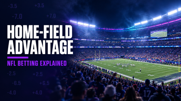 Packed NFL stadium crowd at night with betting spread graphic overlay showing home-field advantage points