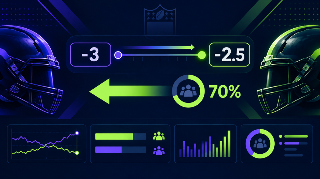NFL reverse line movement data visualization showing spread board with line moving opposite to public betting percentages