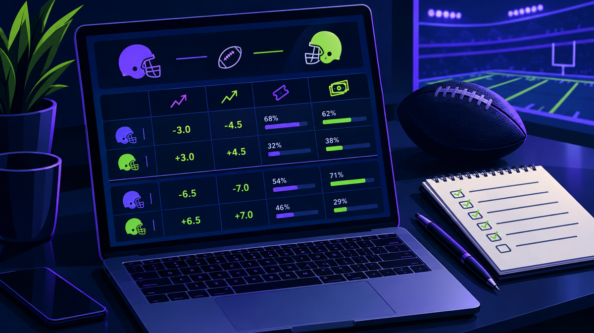 Sports betting research workspace showing NFL line movement analysis with ticket and money percentage columns