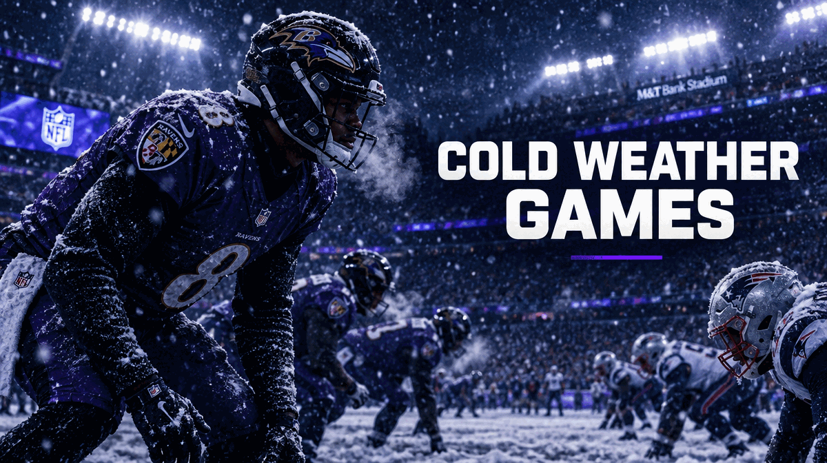 NFL stadium in snow and freezing cold with visible player breath and frost on the field, Cold Weather Games graphic overlay