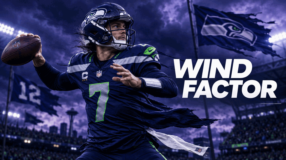 NFL quarterback throwing a football into strong wind with jersey and sideline flags blowing, Wind Factor graphic overlay