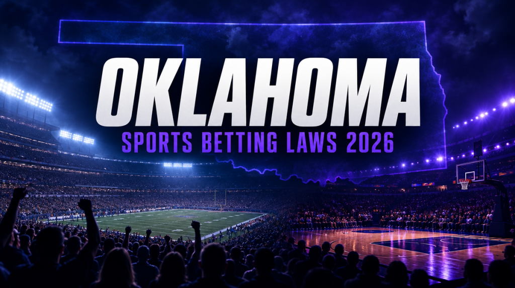 Editorial graphic showing Oklahoma stadium crowd and basketball court at night with bold text reading Oklahoma Sports Betting Laws 2026