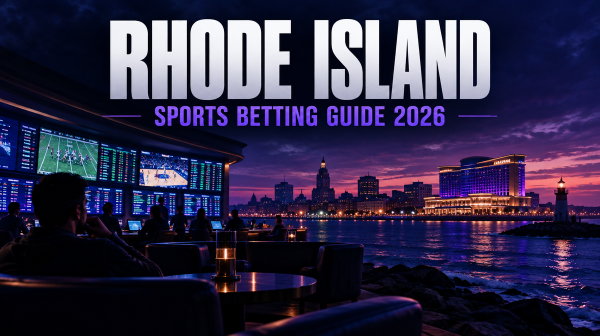 Editorial graphic showing a sportsbook lounge overlooking the Providence Rhode Island skyline at night with bold text reading Rhode Island Sports Betting Guide 2026