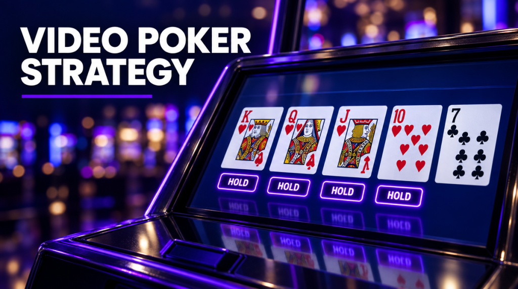 Video poker machine screen showing a four-card royal flush draw in hearts with hold buttons lit, illustrating a Jacks or Better video poker strategy guide