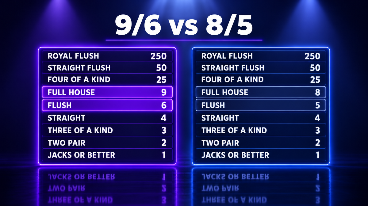 Two Jacks or Better video poker pay tables side by side, with the 9/6 full-pay table paying 9 for a full house and 6 for a flush versus 8 and 5 on the 8/5 table