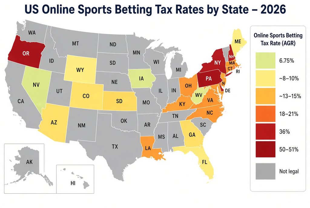 U.S. map detailing sports betting tax rates by state for 2026, color-coded by Adjusted Gross Revenue (AGR) brackets ranging from 6.75% up to 50–51%.