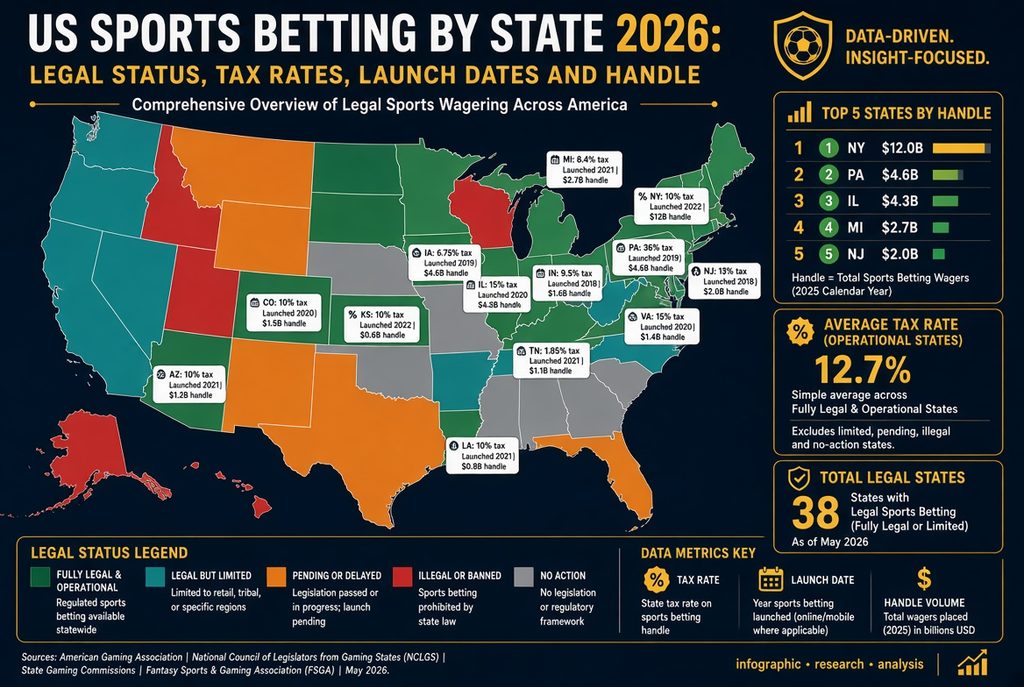 Comprehensive 2026 infographic summarizing legal status, launch dates, handle volumes, and sports betting tax rates by state across the United States, including a top 5 states by handle ranking