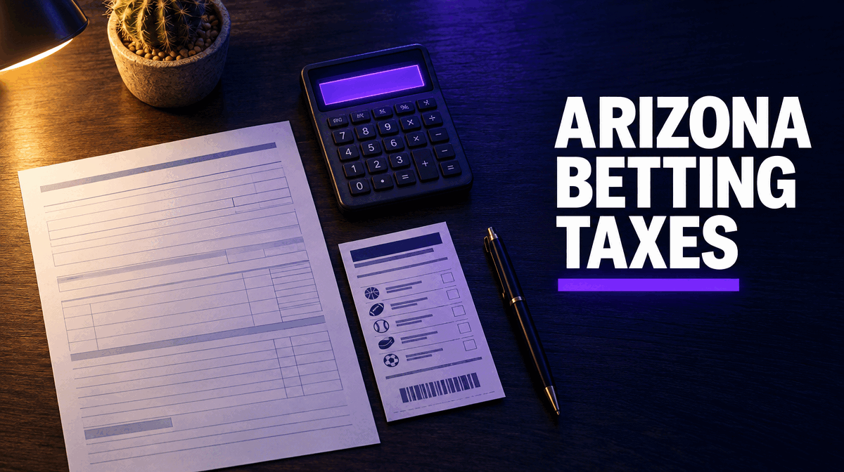 Blank tax form, calculator, sports betting slip and a small cactus on a desk, illustrating how Arizona and federal taxes apply to sports betting winnings