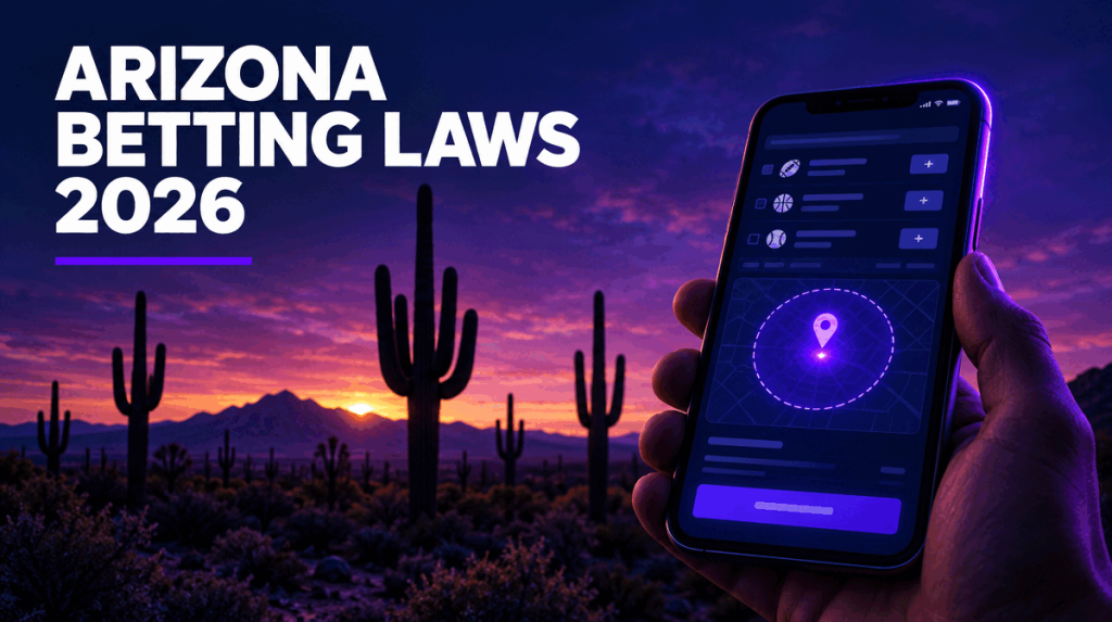 Saguaro cactus silhouettes at dusk in the Arizona desert beside a phone showing a betting app with a location geofence, illustrating Arizona sports betting laws
