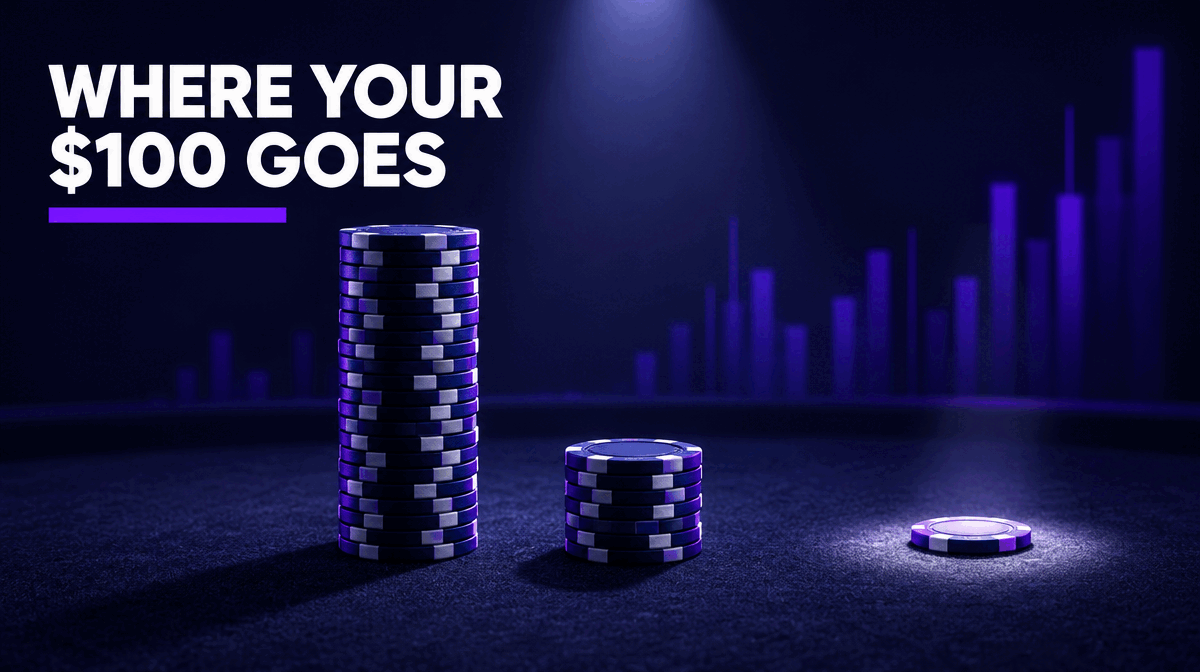 Three stacks of casino chips of very different heights showing how money wagered at Arizona sportsbooks splits between bettor payouts, sportsbook revenue and state privilege fees