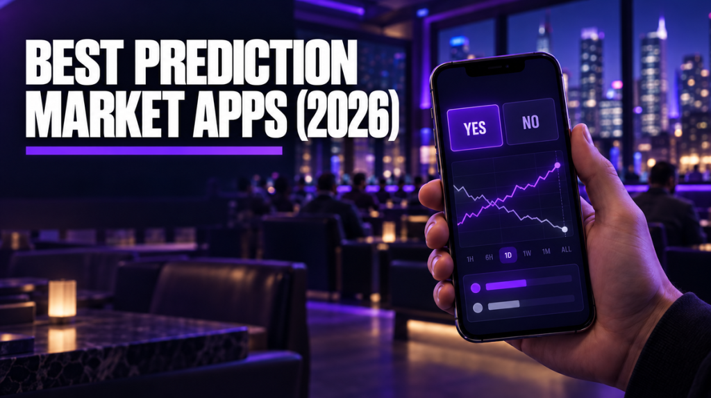 Hand holding a phone with a yes and no prediction contract chart under the headline Best Prediction Market Apps 2026