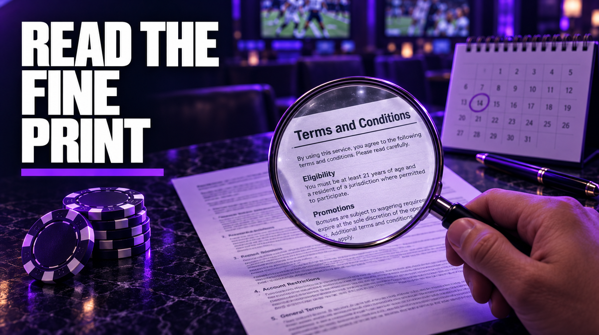 Magnifying glass over a bonus terms and conditions page with a calendar and poker chips, showing how we check offer terms and dates
