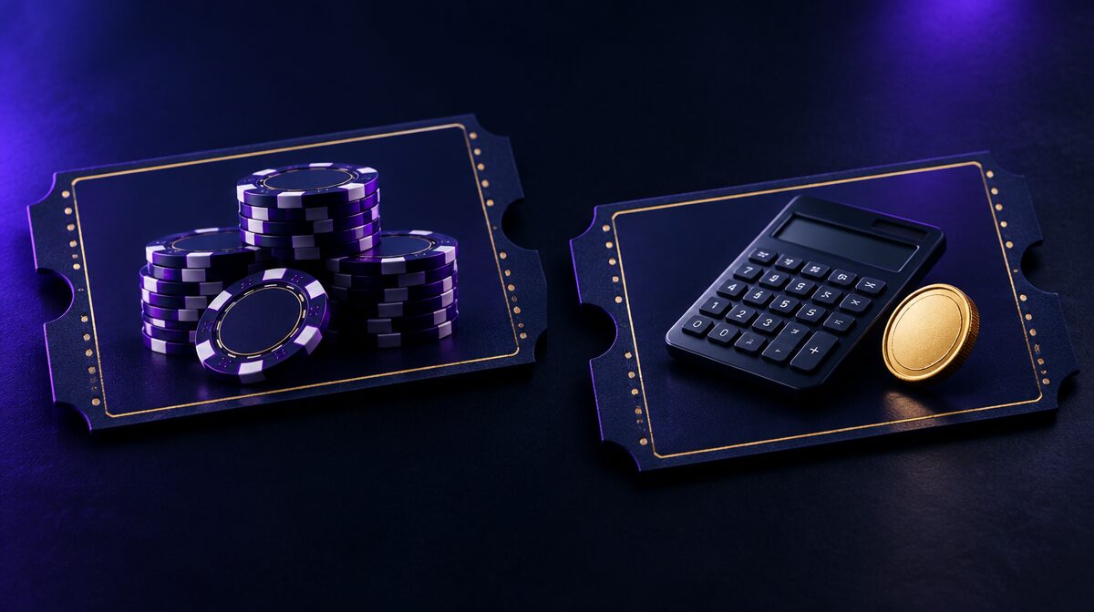 Two ticket-style coupons, one with poker chips and one with a calculator and coin, illustrating free bet versus rollover welcome offers