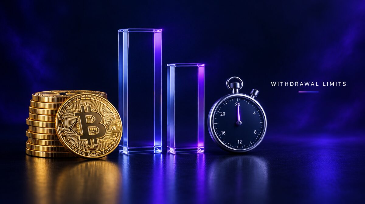 Bitcoin coins beside two glass bars of different heights and a 24-hour stopwatch, illustrating withdrawal limits and payout time