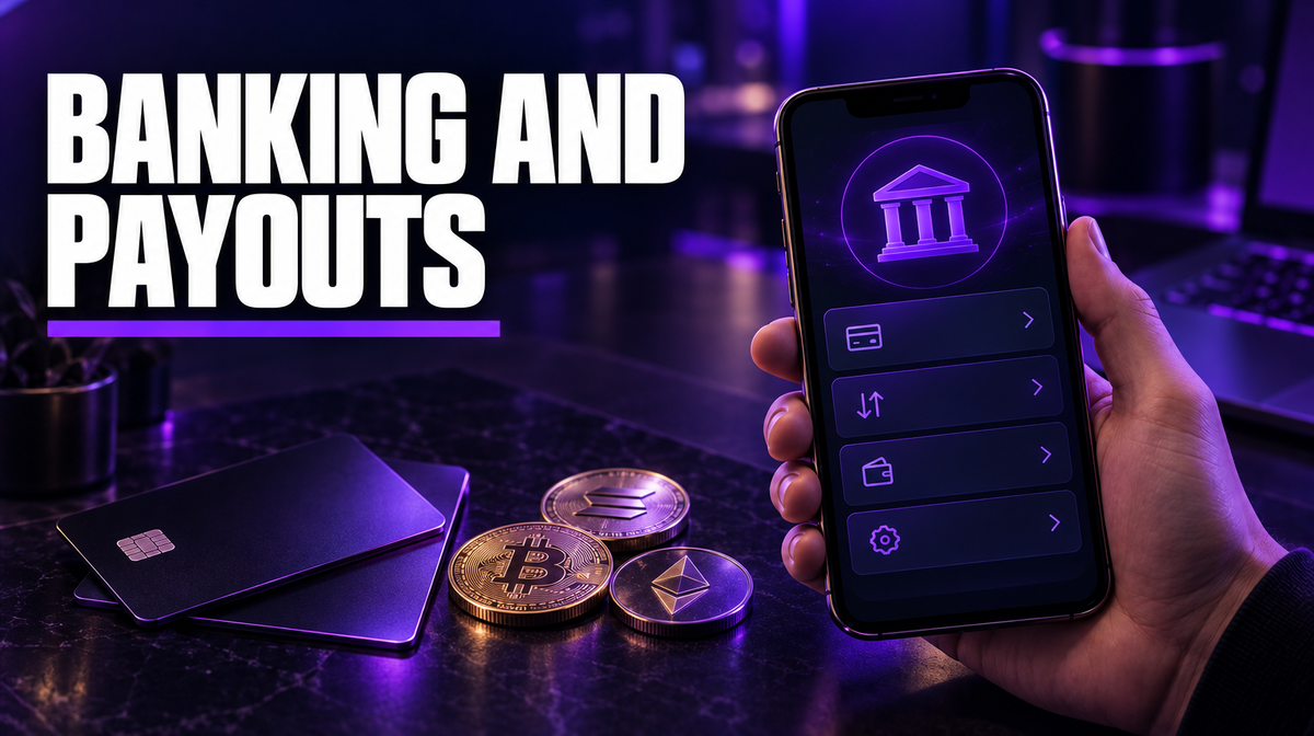 Hand holding a phone with a banking screen next to cards and crypto coins