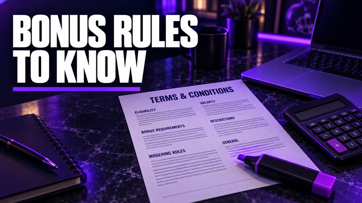 Printed bonus terms sheet with a highlighter and calculator on a dark desk