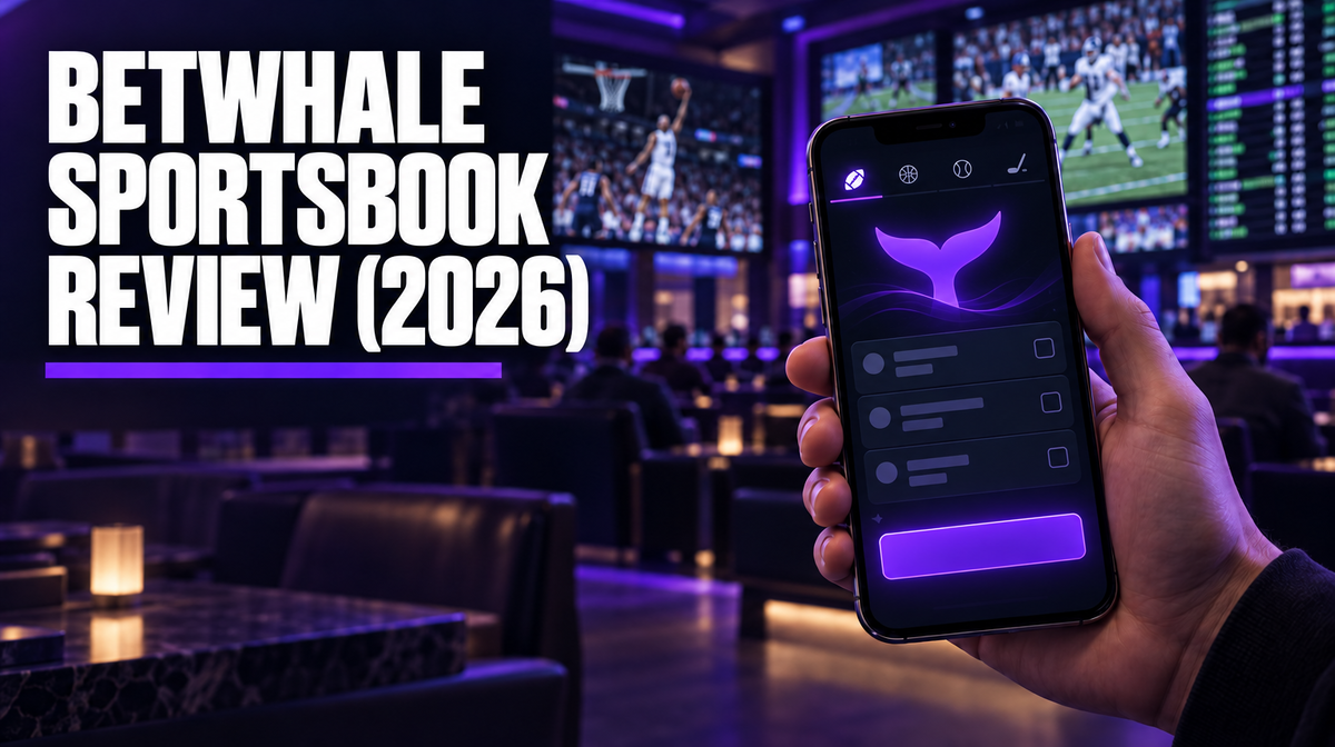Hand holding a phone with a sportsbook bet slip in a purple-lit lounge, headline BetWhale Sportsbook Review 2026