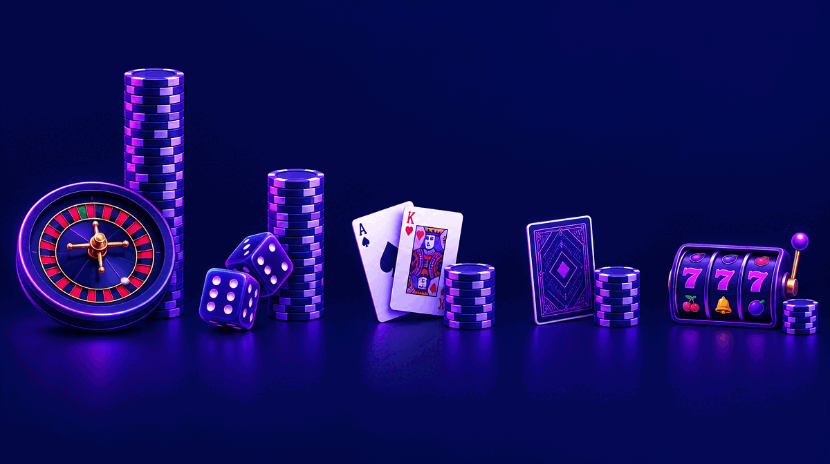 Roulette wheel, dice, playing cards and a slot machine each beside a different height stack of purple chips on a navy background