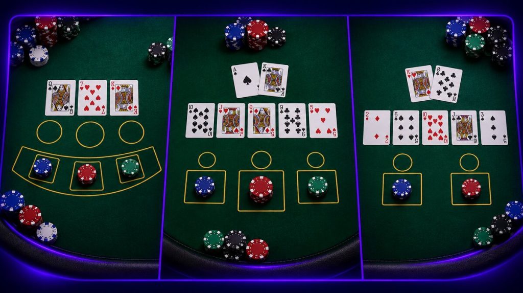 Three casino poker table layouts side by side for Three Card Poker, Ultimate Texas Hold'em and Casino Hold'em with chips on the betting spots