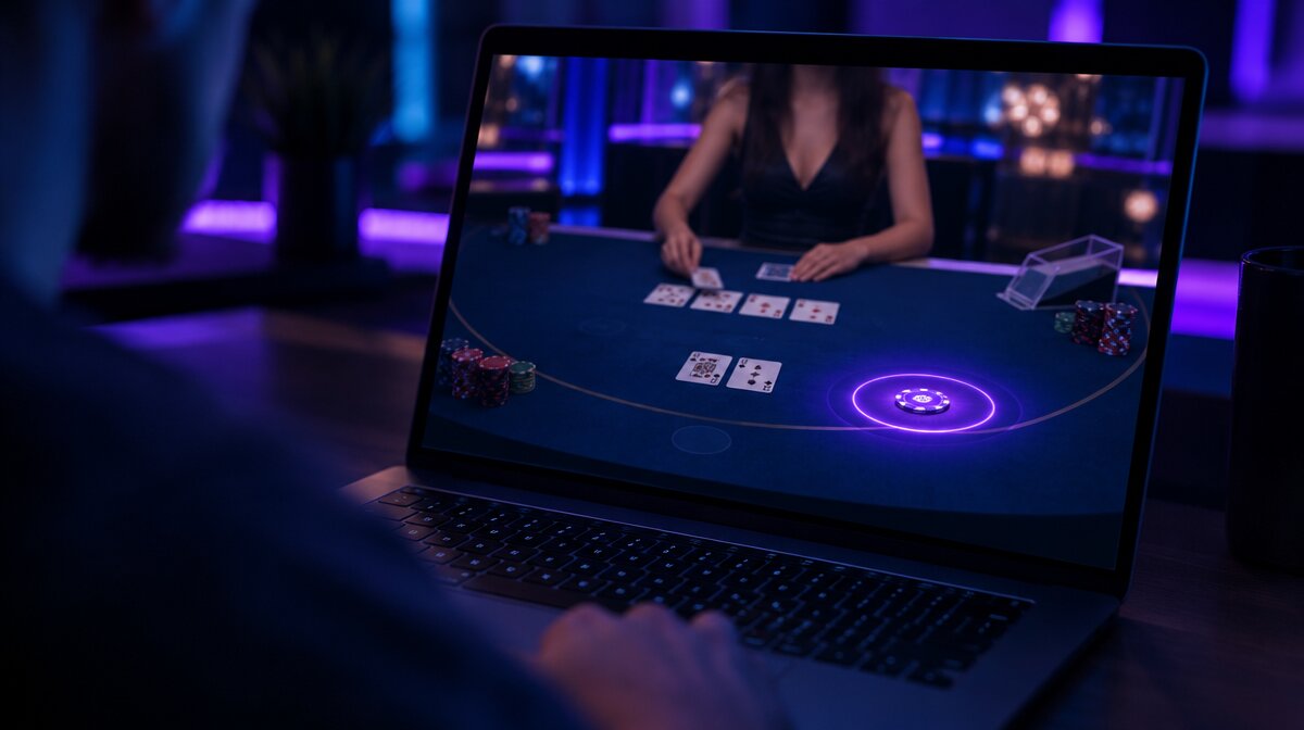 Live dealer casino poker table on a laptop screen with a highlighted side bet circle