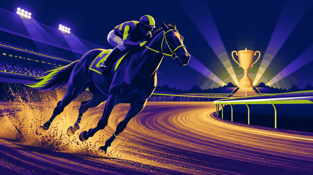 Racehorse and jockey galloping around a glowing dirt track toward a golden trophy under stadium lights, illustrating the Breeders' Cup 2026 betting hub