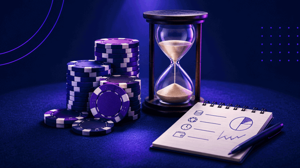 Navy table with a stack of purple casino chips, an hourglass and a budget notepad, illustrating casino bankroll management
