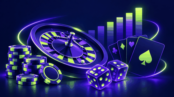 Roulette wheel, casino chips, dice and playing cards beside a rising bar chart illustrating casino house edge, RTP and volatility