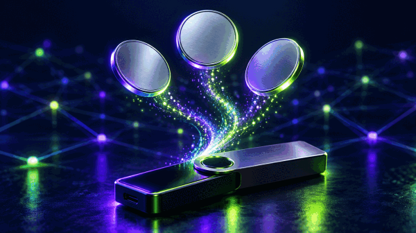 Hardware crypto wallet sending streams of light to three blank coins over a glowing network, illustrating crypto payments for sportsbooks and casinos