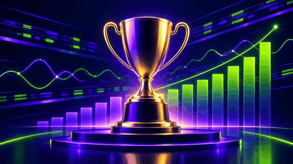 Glowing trophy silhouette on a stage with rising purple and lime probability bars behind it, illustrating NFL futures and Super Bowl odds