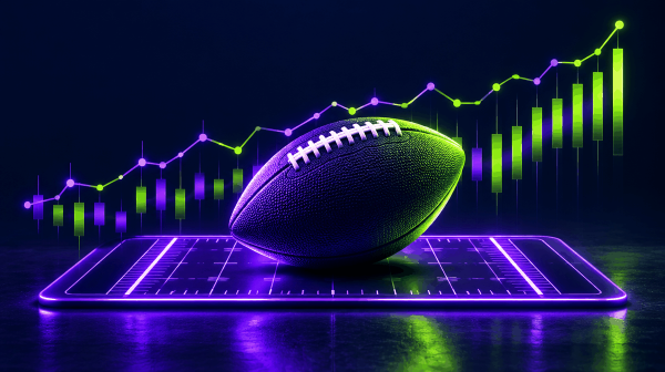 Football on a glowing purple field panel with rising lime and purple betting line chart behind it, illustrating NFL picks and point spreads