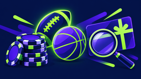 Stack of casino chips, a football, a basketball and a magnifying glass over a gift card, illustrating a check of offshore sportsbook bonuses and promos