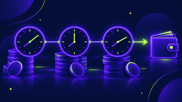 Three glowing clock dials linked by a line to a digital wallet over stacks of coins, showing payout timing at offshore sportsbooks