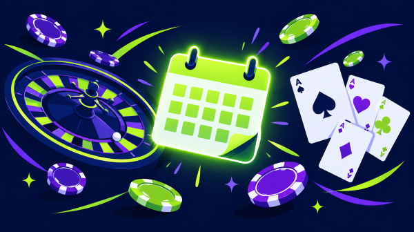 Roulette wheel, casino chips, playing cards and a glowing calendar page, illustrating this month's online casino promotions