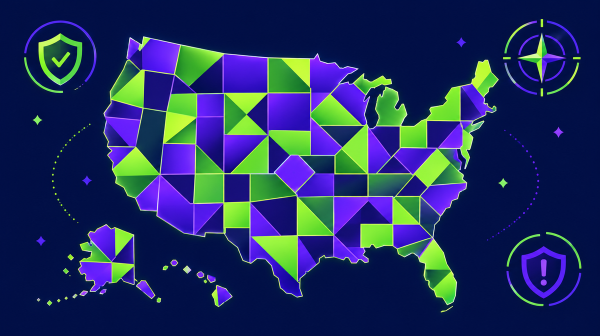 Stylized U.S. map built from purple and lime tiles with a protective shield and a warning shield icon, illustrating a state-by-state guide to offshore betting and casino rules