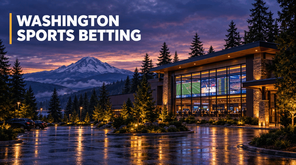 Tribal resort casino with a lit sportsbook among Washington evergreen trees at dusk, with a snow-capped mountain behind and the headline Washington Sports Betting