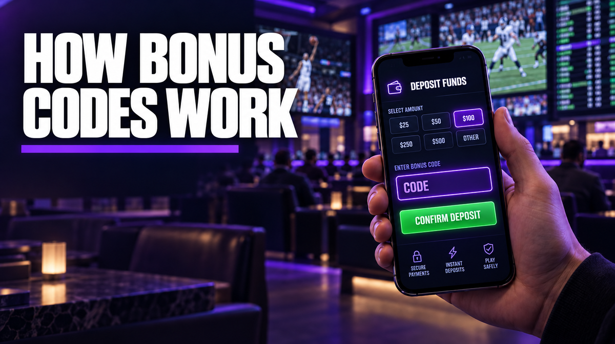 Phone showing a deposit screen with a bonus code field, explaining how sportsbook bonus codes work