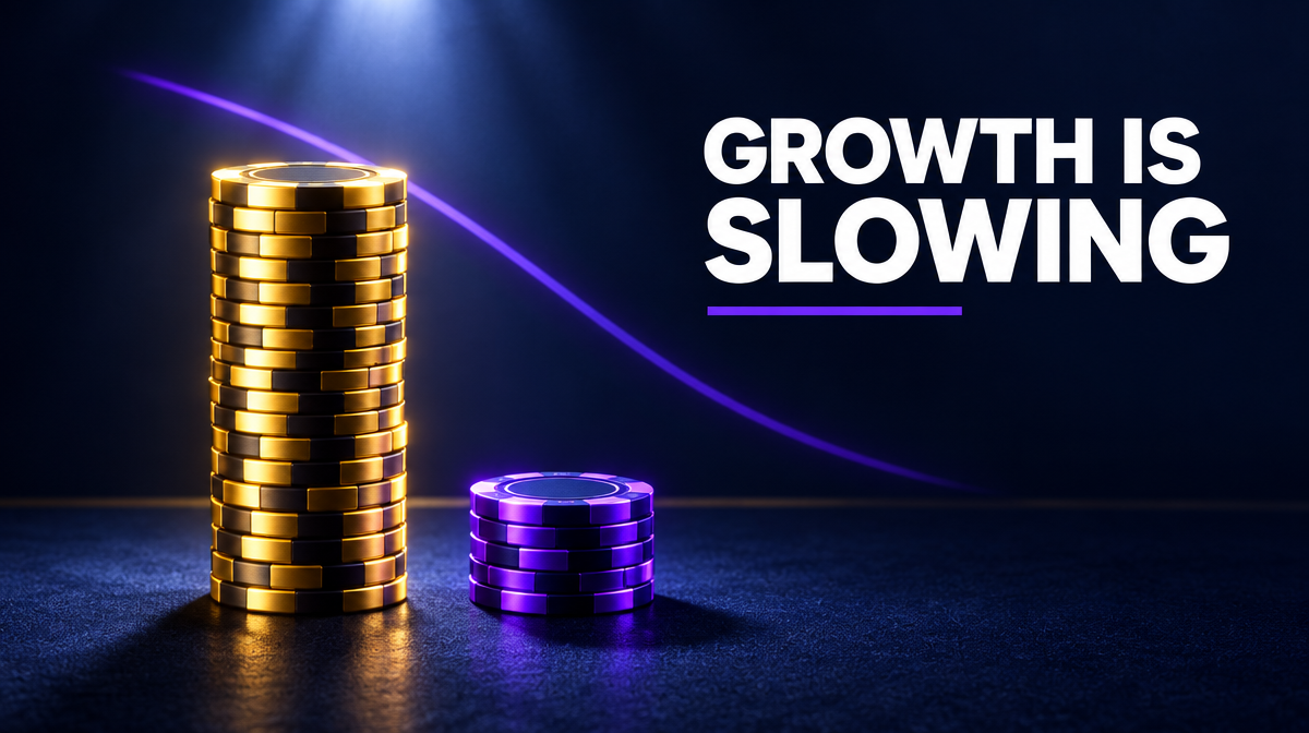 Tall gold chip stack beside a short purple chip stack showing US online casino growth slowing from 31.5% to 12.3% year over year