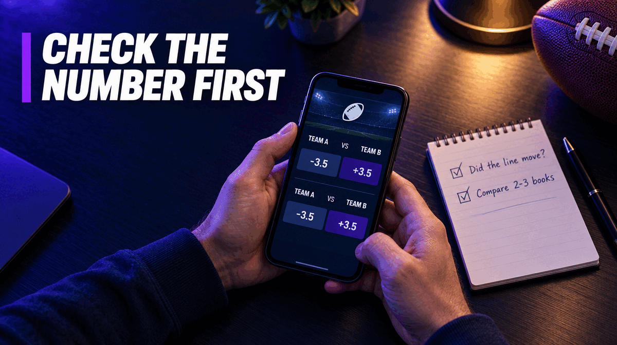 Hands holding a phone with a football spread of Team A minus 3.5 beside a notepad checklist reading did the line move and compare two to three books