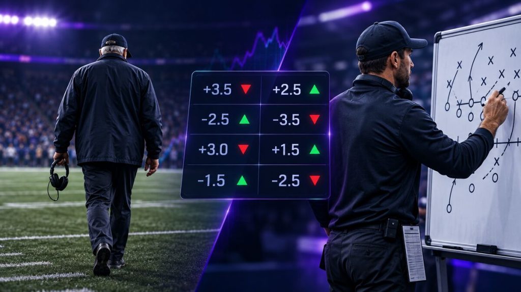 NFL coaching changes betting guide showing a new head coach on the sideline beside a spread board with line movement arrows