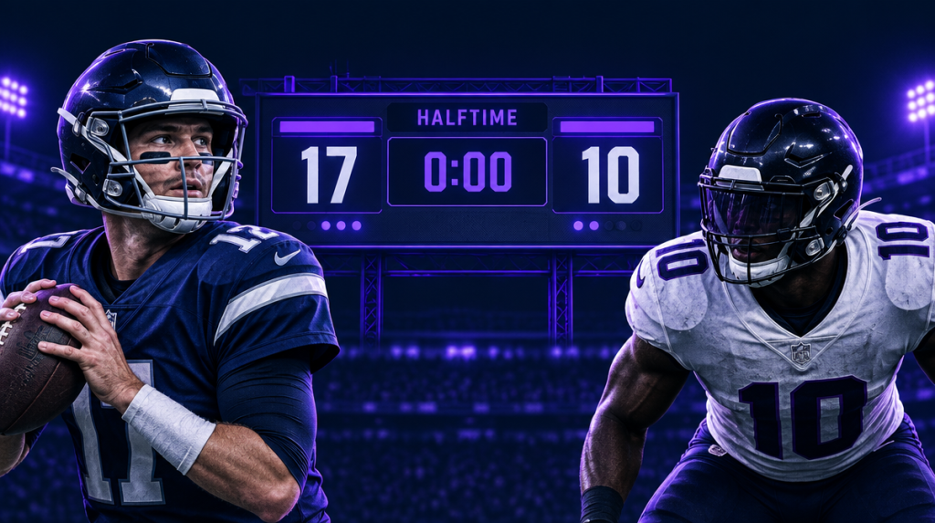 NFL scoreboard frozen at halftime showing a 17-10 score, illustrating how first half bets are graded at the break