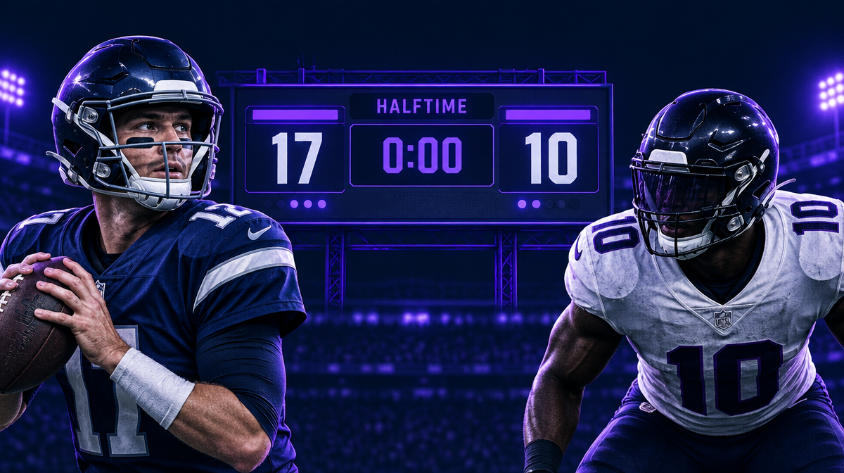 NFL scoreboard frozen at halftime showing a 17-10 score, illustrating how first half bets are graded at the break