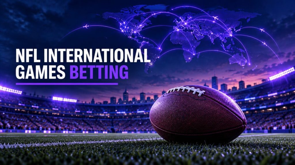 NFL football on stadium turf with glowing world map of international game routes