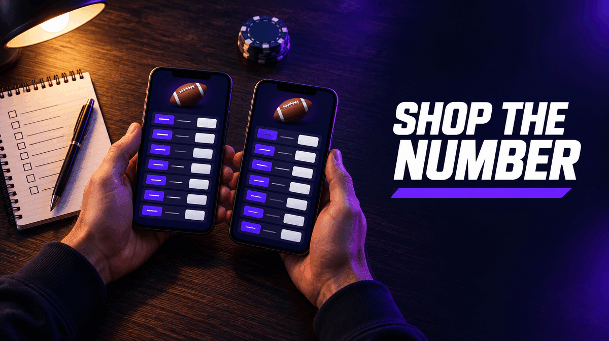 Bettor comparing NFL point spreads on two phones beside a notepad checklist for line shopping across sportsbooks