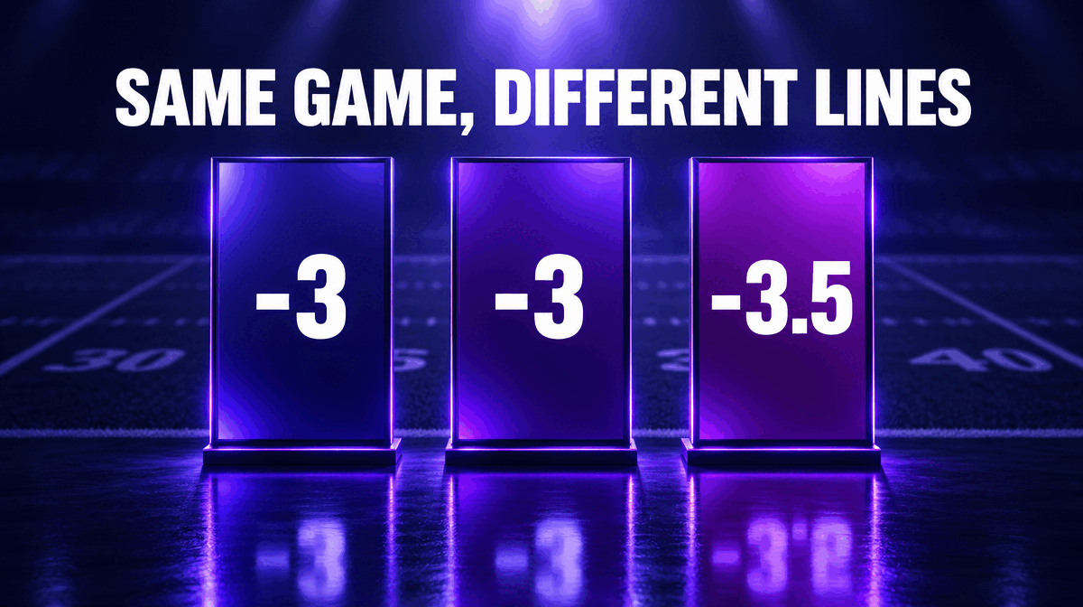 Three sportsbook odds boards showing the same NFL game priced at minus 3, minus 3 and minus 3.5 to illustrate why point spreads differ between books